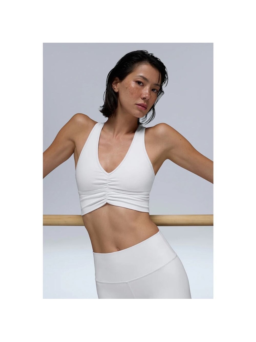ALO Yoga White V-Neck Ruched Longline Sports Bra